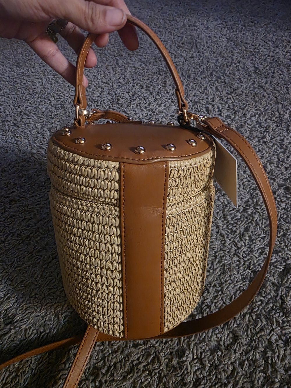 Rachel Zoe Tan Woven Bucket Crossbody with Leather Trim - Picture 3 of 6